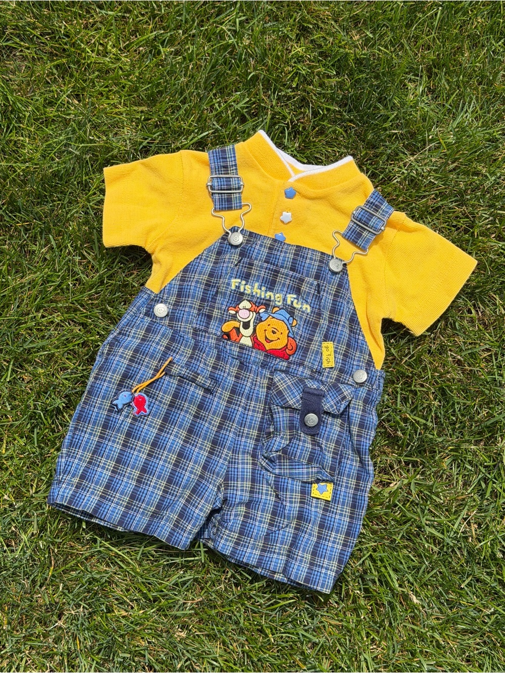 Vintage Disney Winnie the Pooh Yellow Tee with Blue Plaid Overalls Set - Kids